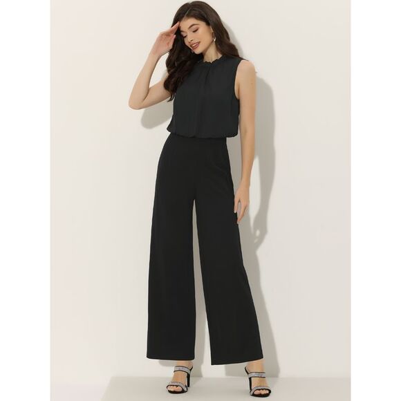 Business Casual Sleeveless Jumpsuit High Waist Wide Flare Leg Romper Black - Picture 2 of 5